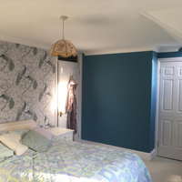 blue bedroom and wallpaper